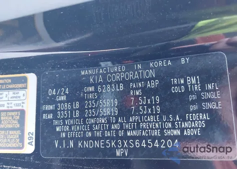 2025 Kia Carnival Mpv Sx z USA, uszkodzony, nr VIN KNDNE5K3XS6454204